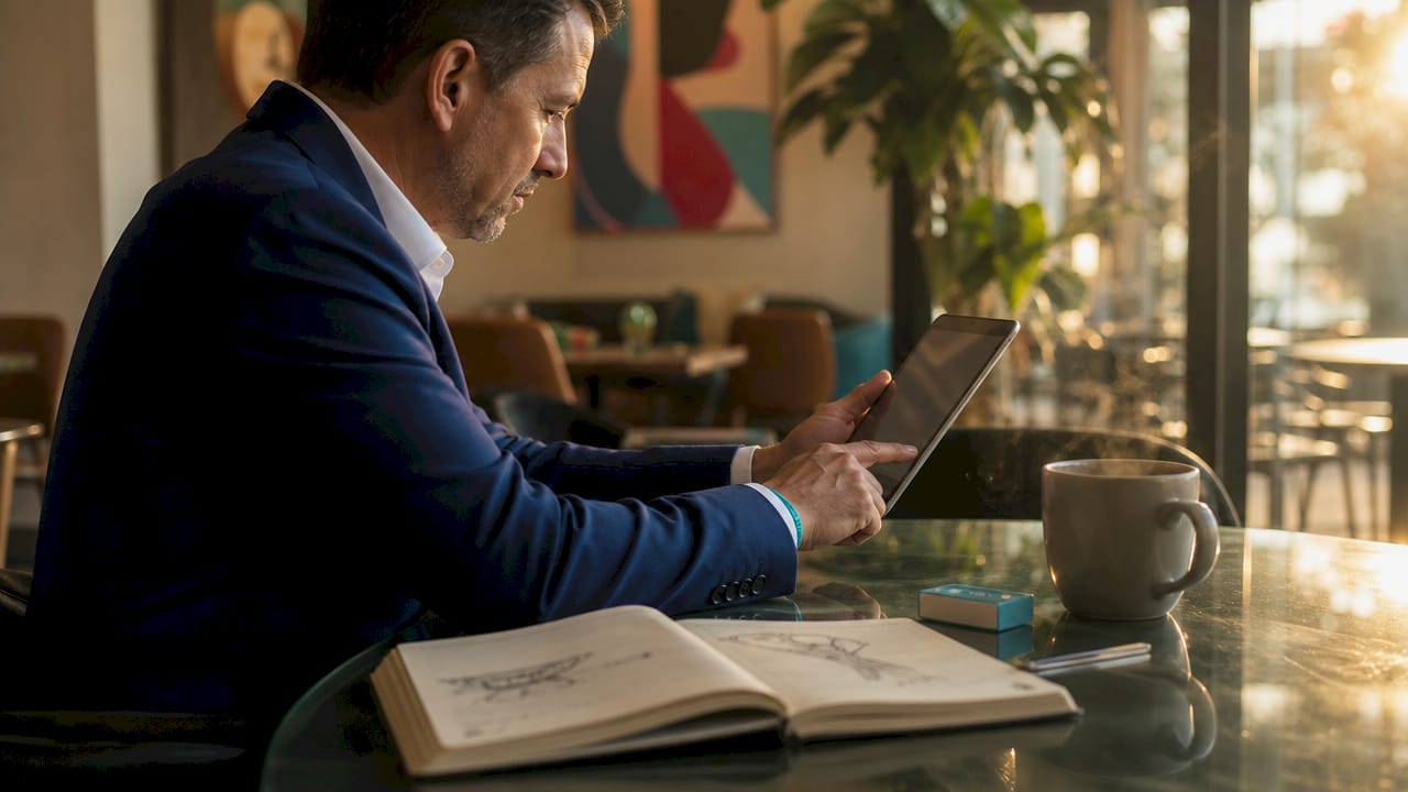 Man browsing tobacco brands online at kitchen table