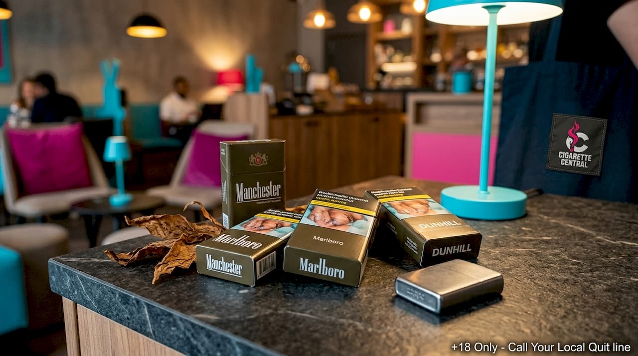 Plain packaged cigarette packs in tobacco lounge setting