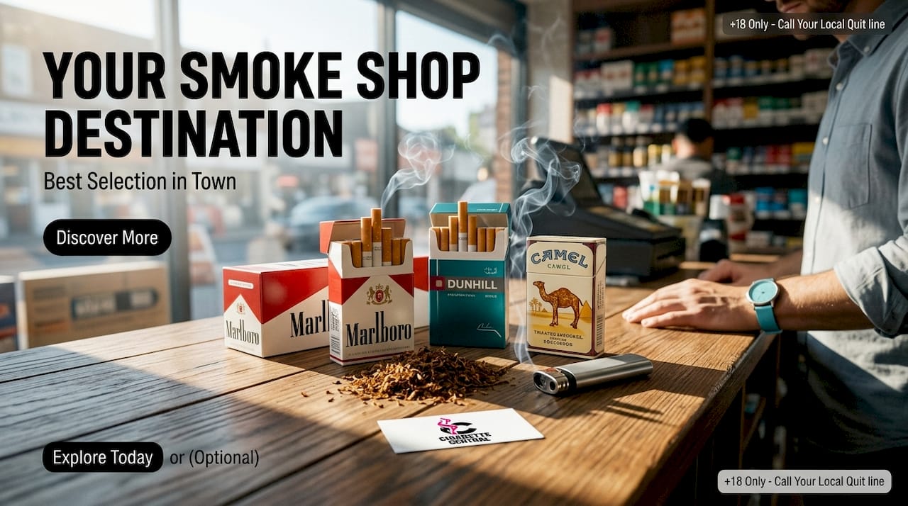 Premium cigarette packs arranged on marble retail counter