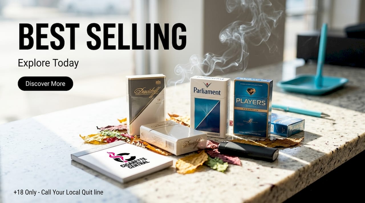 Variety of premium cigarette packs on marble counter