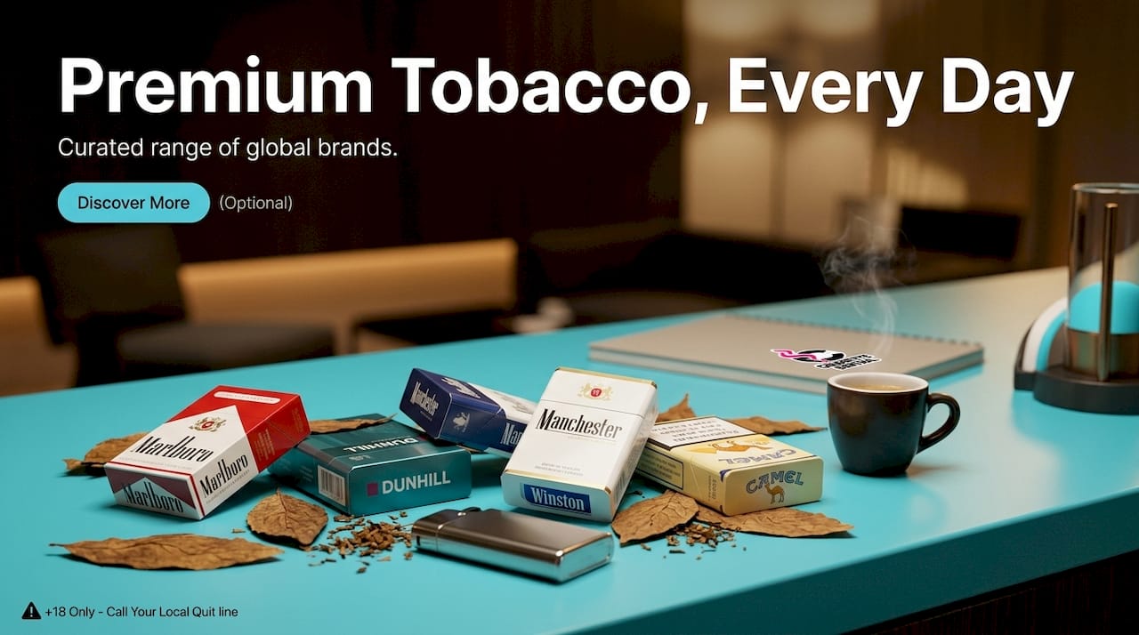 Premium cigarette packs on marble surface with lighter and coffee