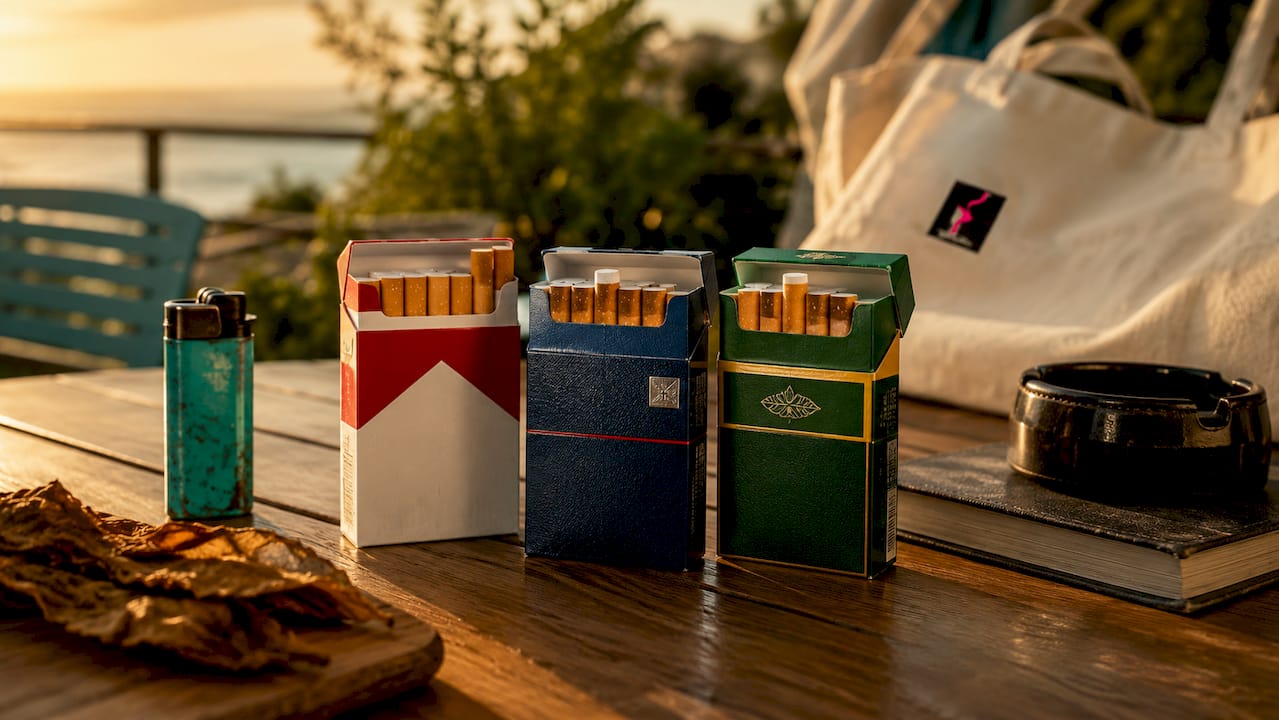 Premium cigarette packs on marble counter with tobacco leaves