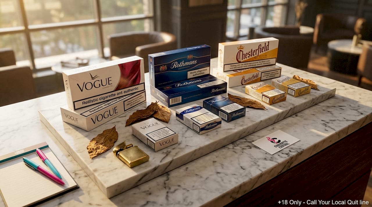 Premium cigarette cartons displayed on wooden table