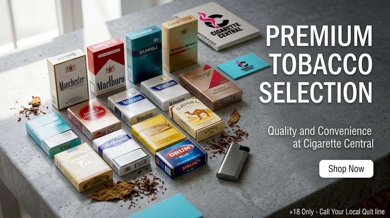 Premium cigarette packs on marble surface with tobacco leaves