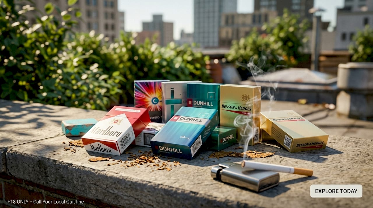 Premium cigarette cartons on marble surface