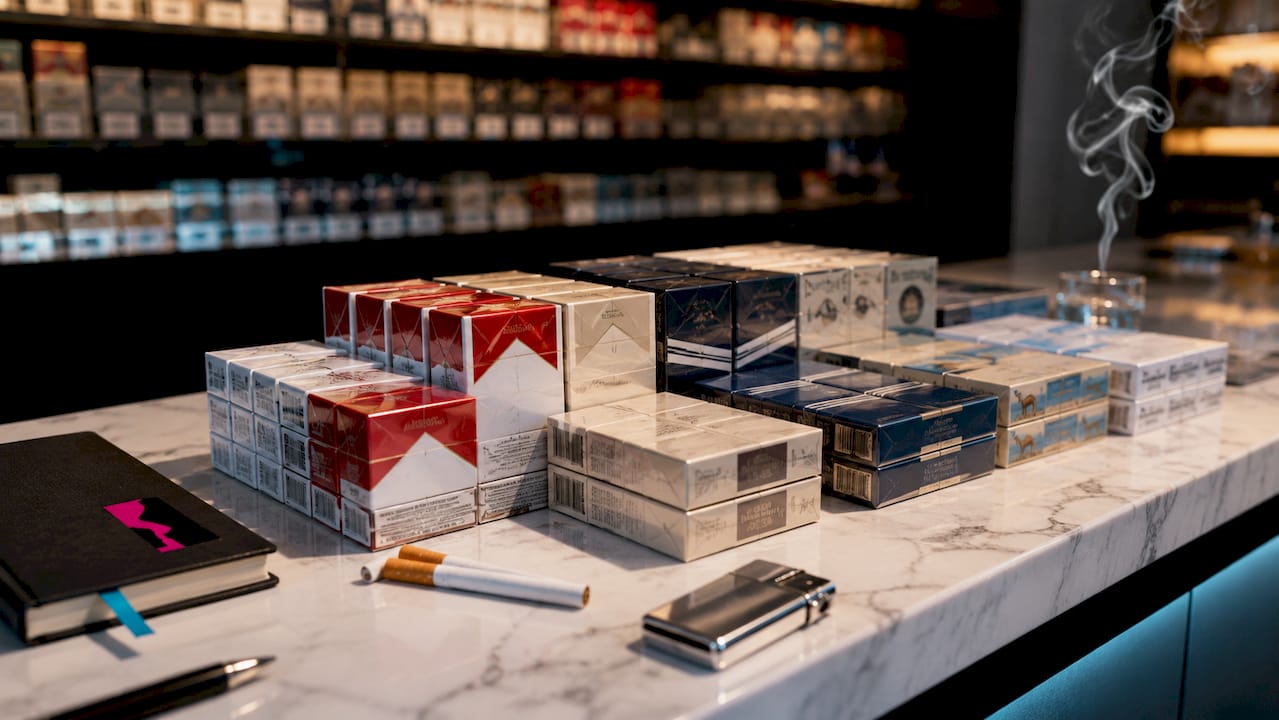 Premium cigarette packs and accessories on marble counter