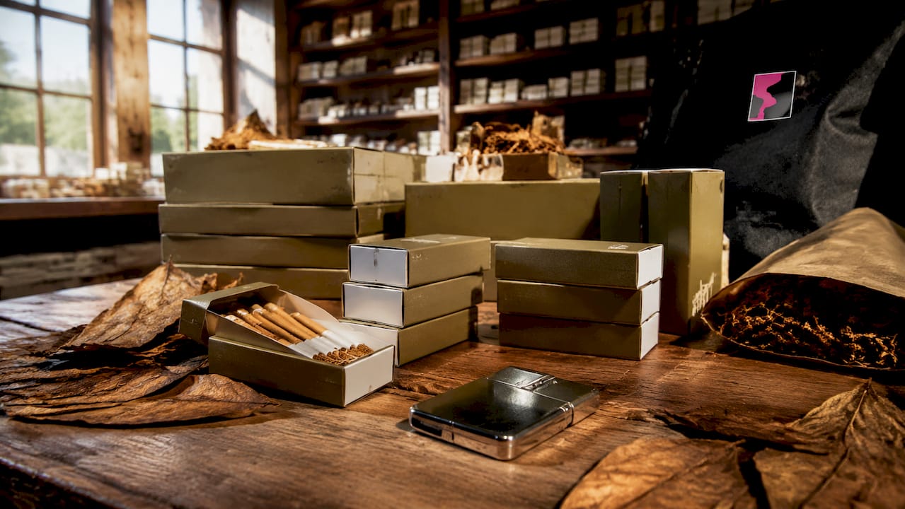 Premium cigaret packs on retail counter with lighter