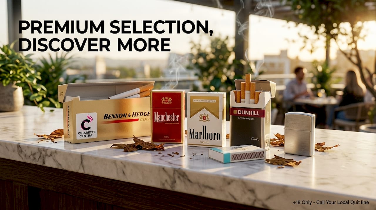 Premium cigarette packs on marble retail counter