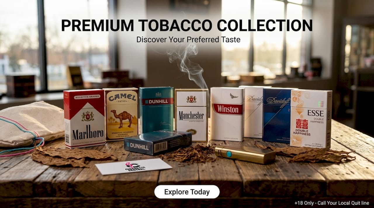 Premium cigarette packs with tobacco leaves and lighter
