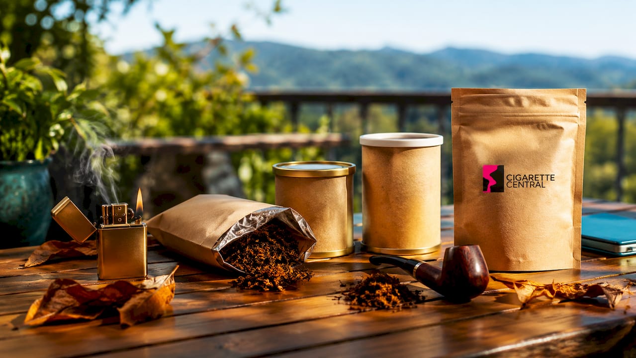 Premium pipe tobacco products on wooden table