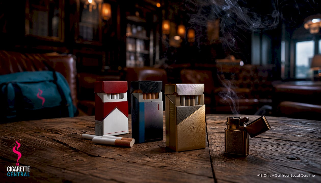 Close-up of premium cigarette packs in tobacco lounge