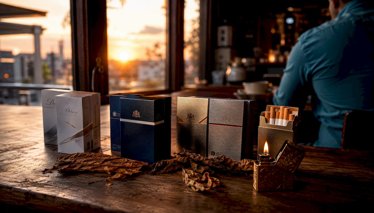 Premium tobacco packs on wooden table with tobacco leaves and lighter