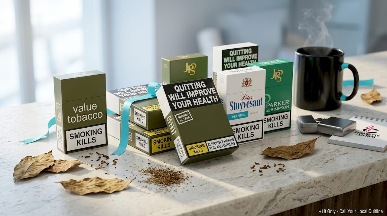 Value tobacco cigarette packs on wood surface with props