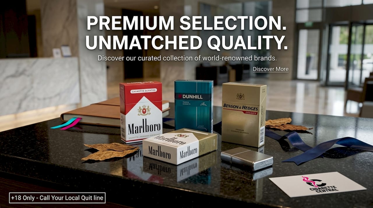 Premium duty-free tobacco packs displayed on wood counter