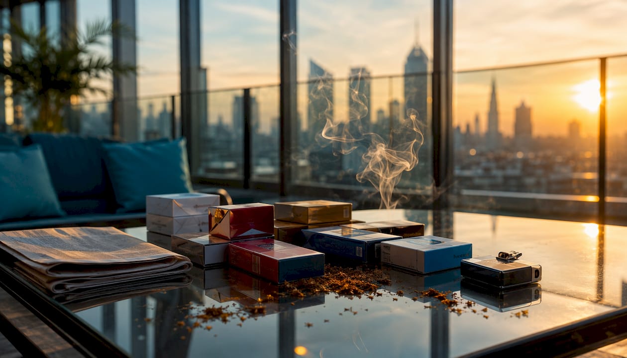 Premium cigarette packs displayed on wooden lounge table