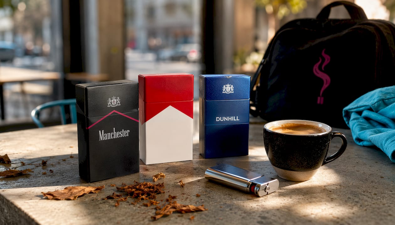 Premium cigarette packs on marble countertop with tobacco leaves