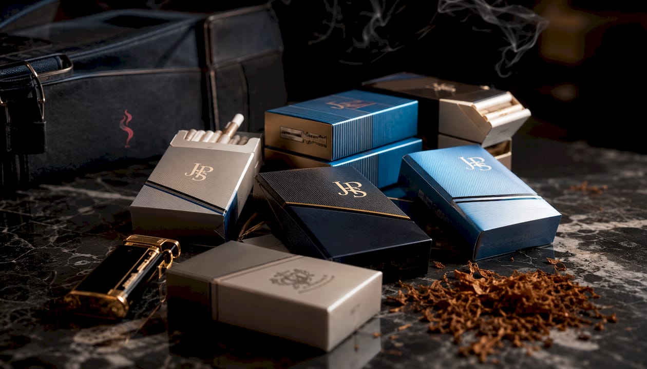 Premium cigarette packs arranged on dark wood counter