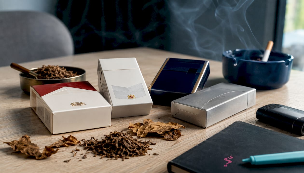Premium cigarette packs arranged on wooden surface with tobacco leaves
