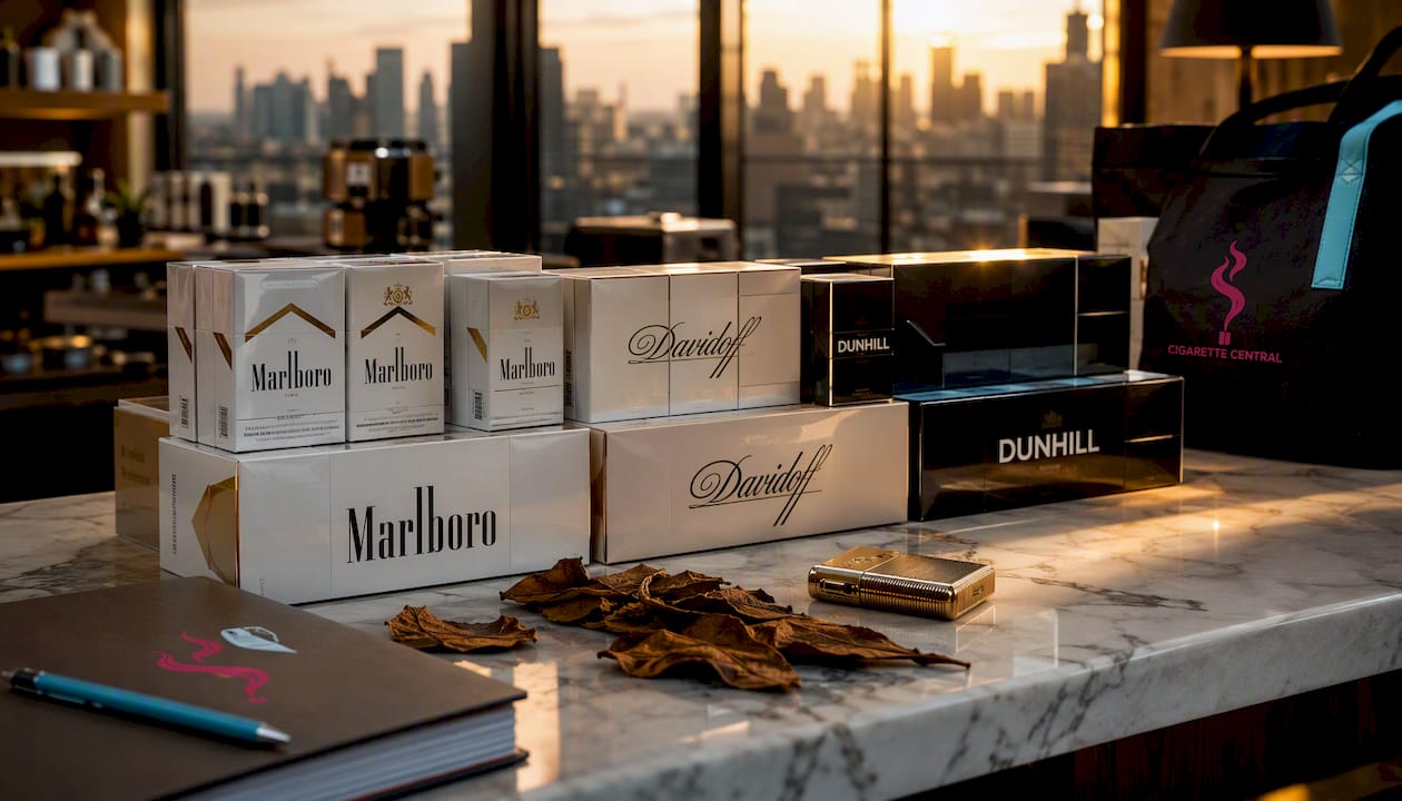 Premium cigarette packs arranged on marble surface