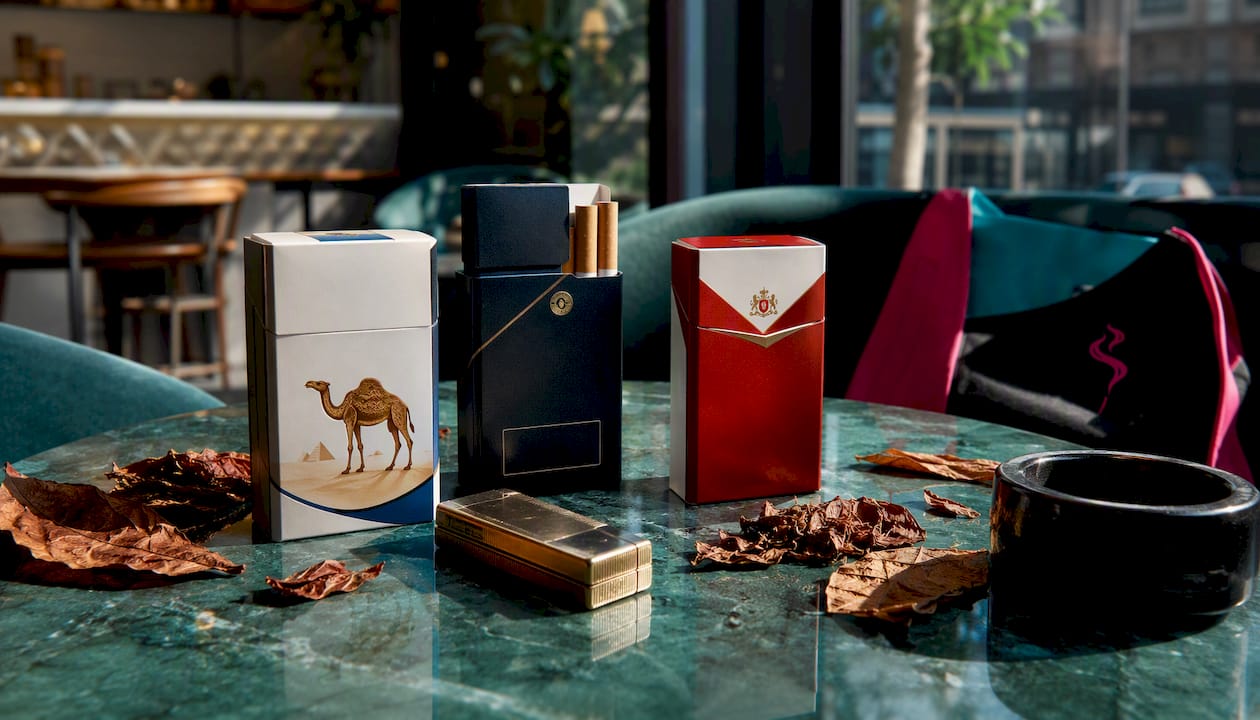 Premium cigarette packs on marble countertop
