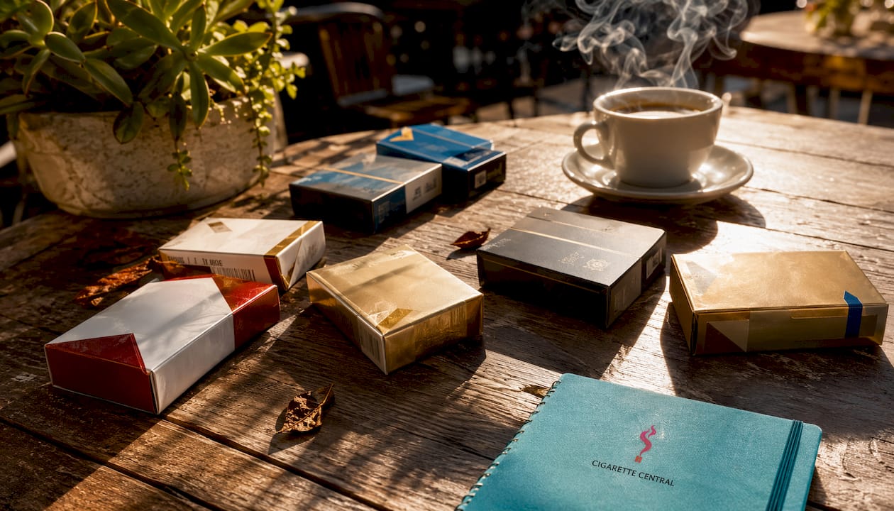Close-up of cigarette packs on marble counter in lounge