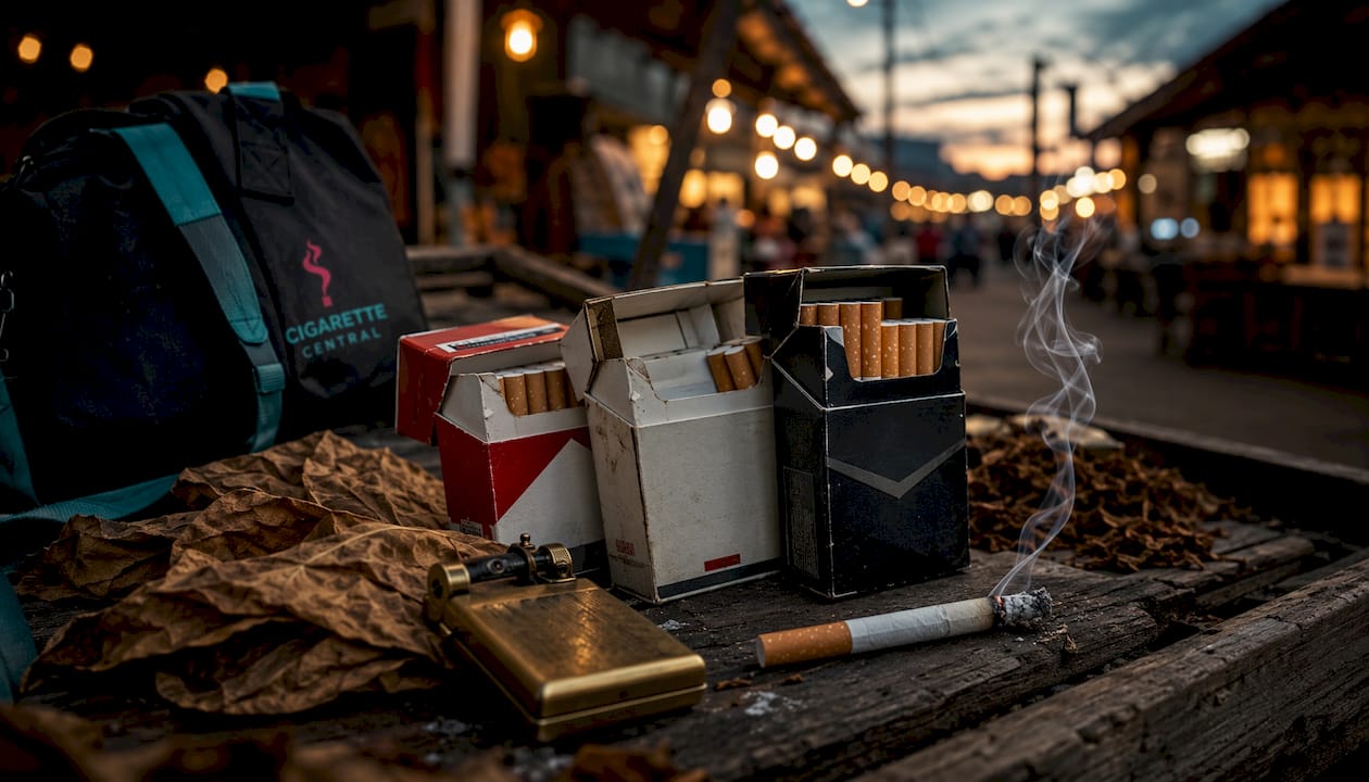 Premium cigarette packs on marble table with accessories.