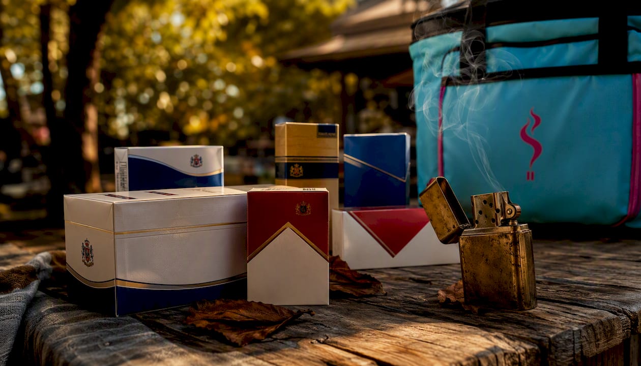 Assorted premium cigarette packs on marble surface