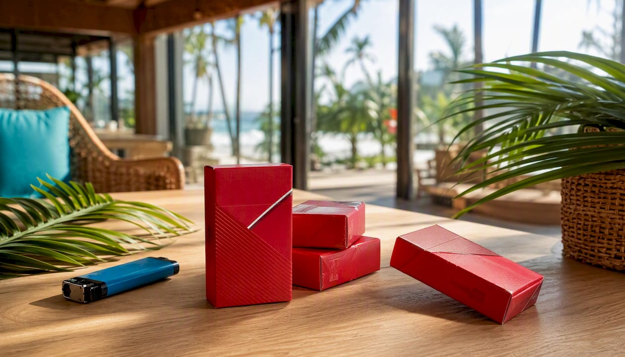Davidoff Red cigarette packs on marble counter