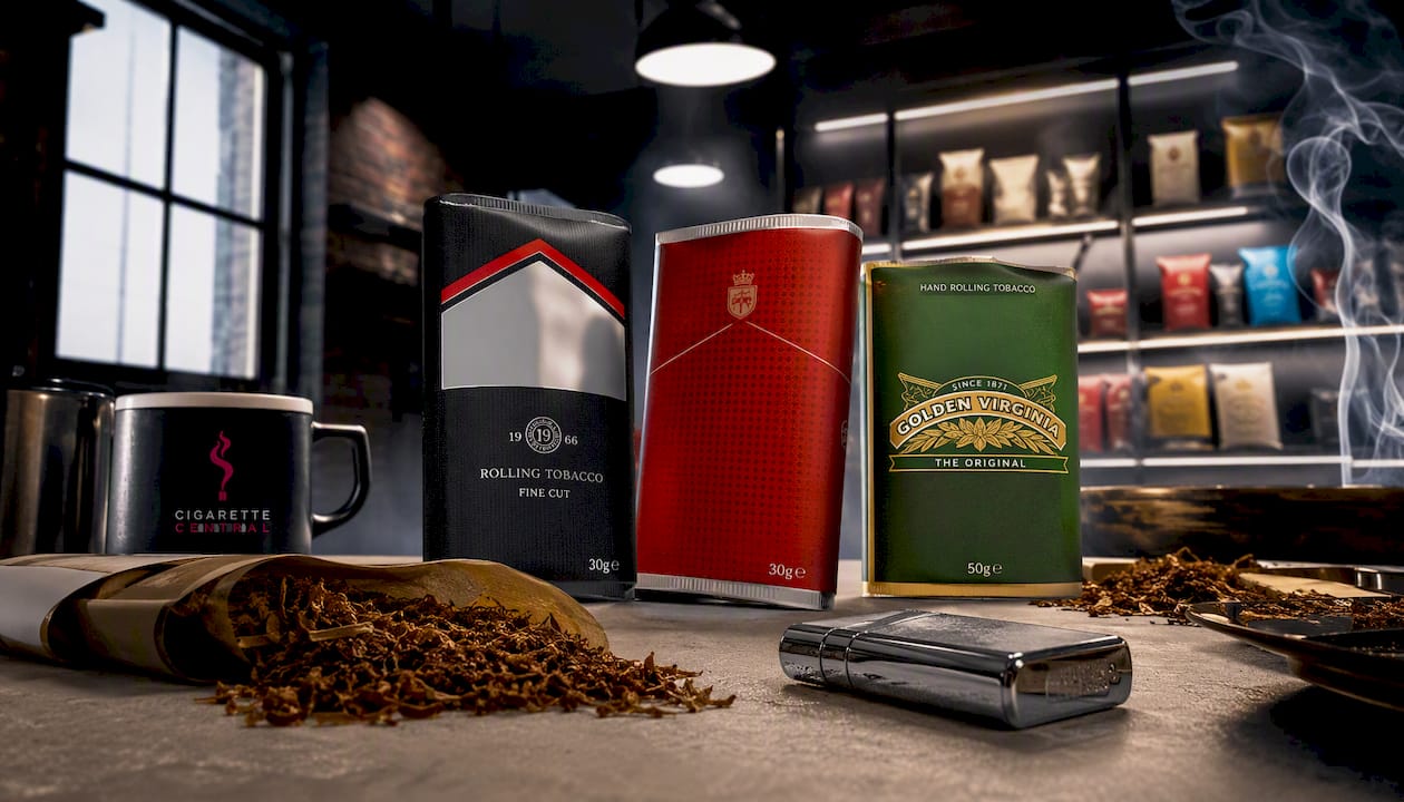 Premium tobacco packs on marble counter with lighter and smoke