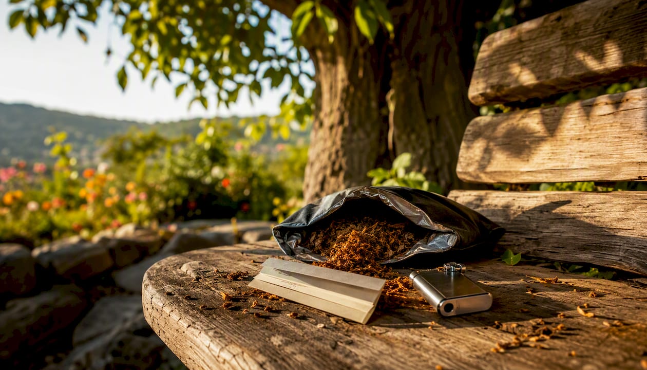 Loose tobacco pouch with rolling papers on table