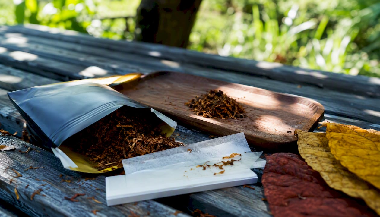 Loose tobacco pouch with rolling papers and tray