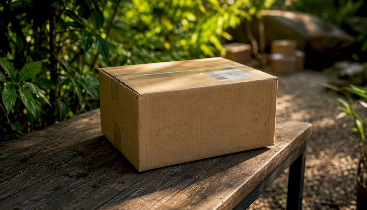 Plain brown parcel with courier label