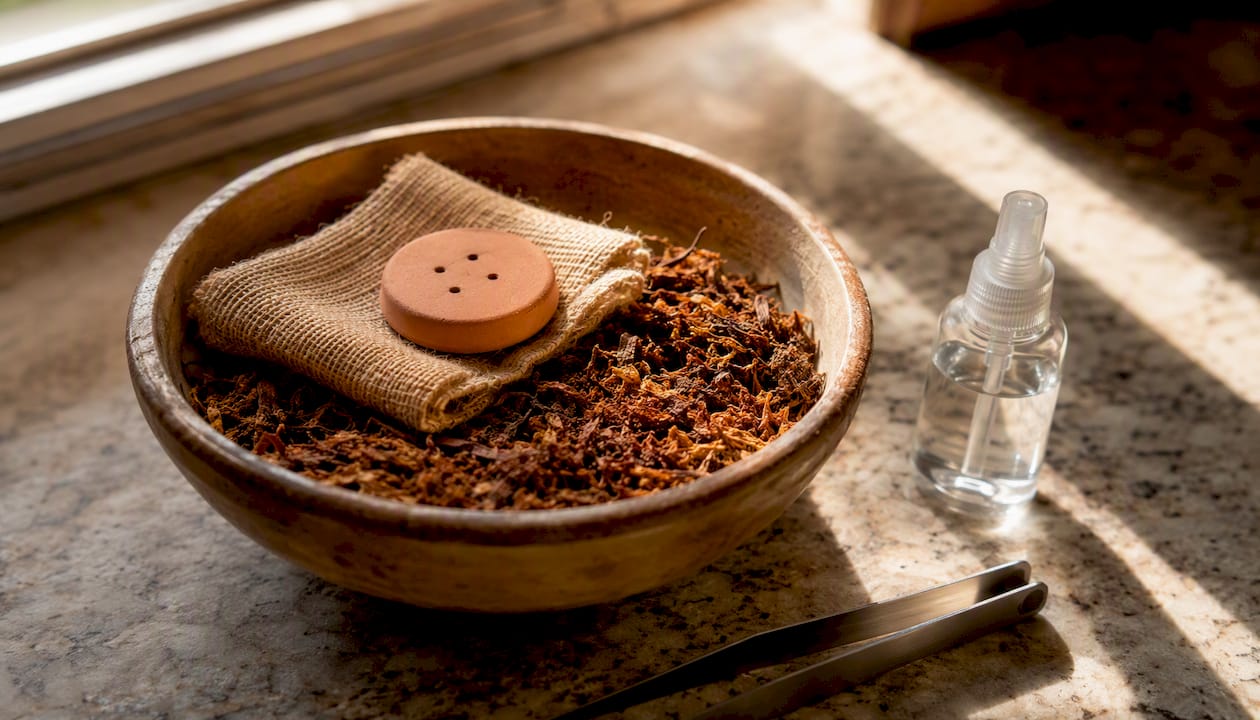 Loose tobacco with clay humidifier disc in jar