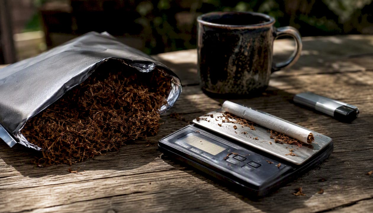 Open pouch of loose tobacco and kitchen scale
