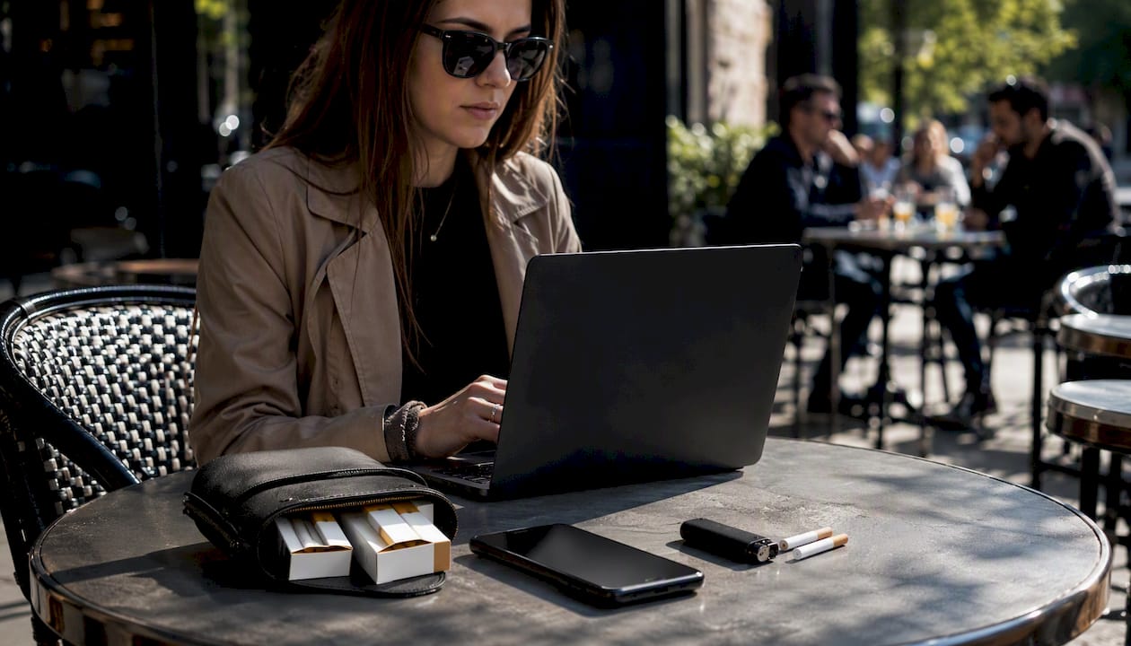 Live chat widget and cigarette packs on desk