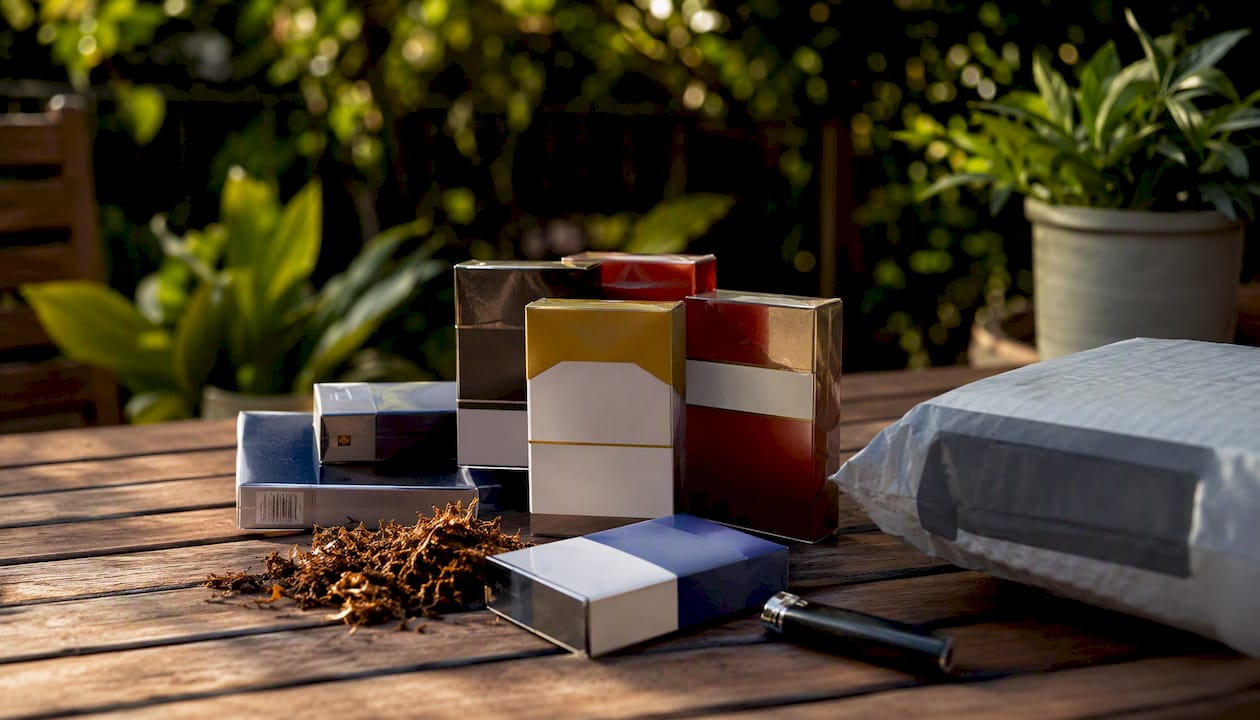 Cigarette packs and shipping parcel on wooden surface