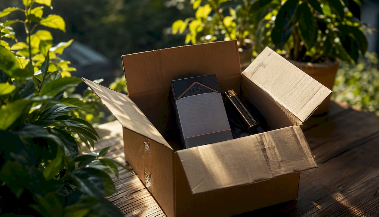 Close-up of tobacco pack in shipping box