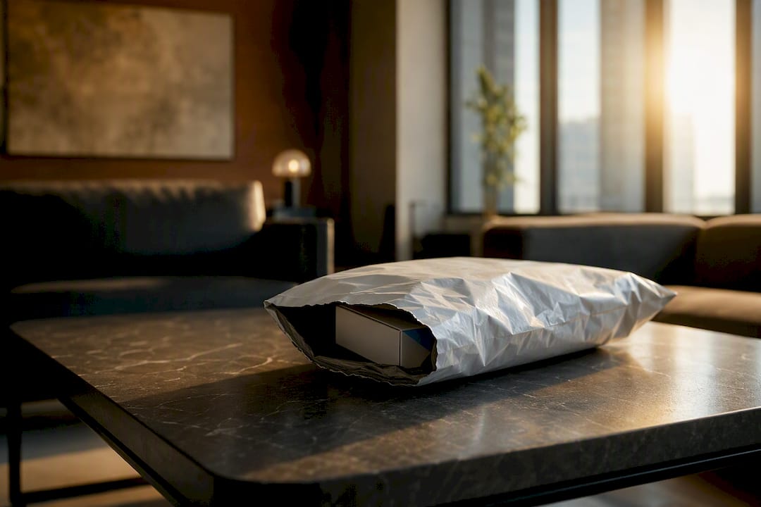 Discreet cigarette delivery parcel at office reception