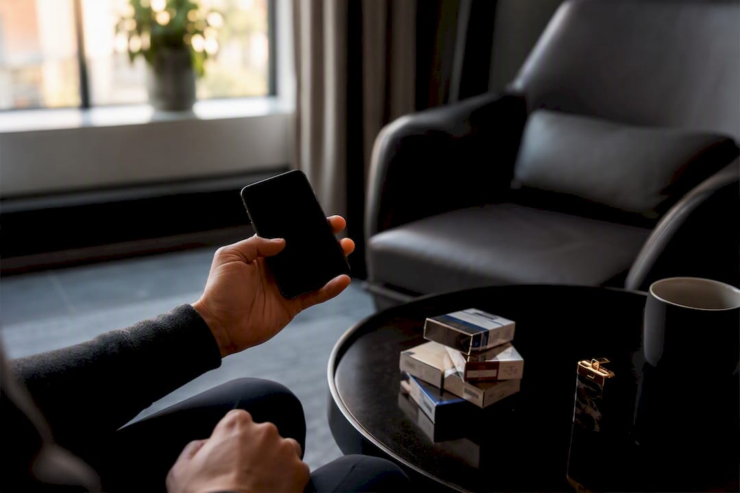 Hand holding phone over desk with tobacco packs