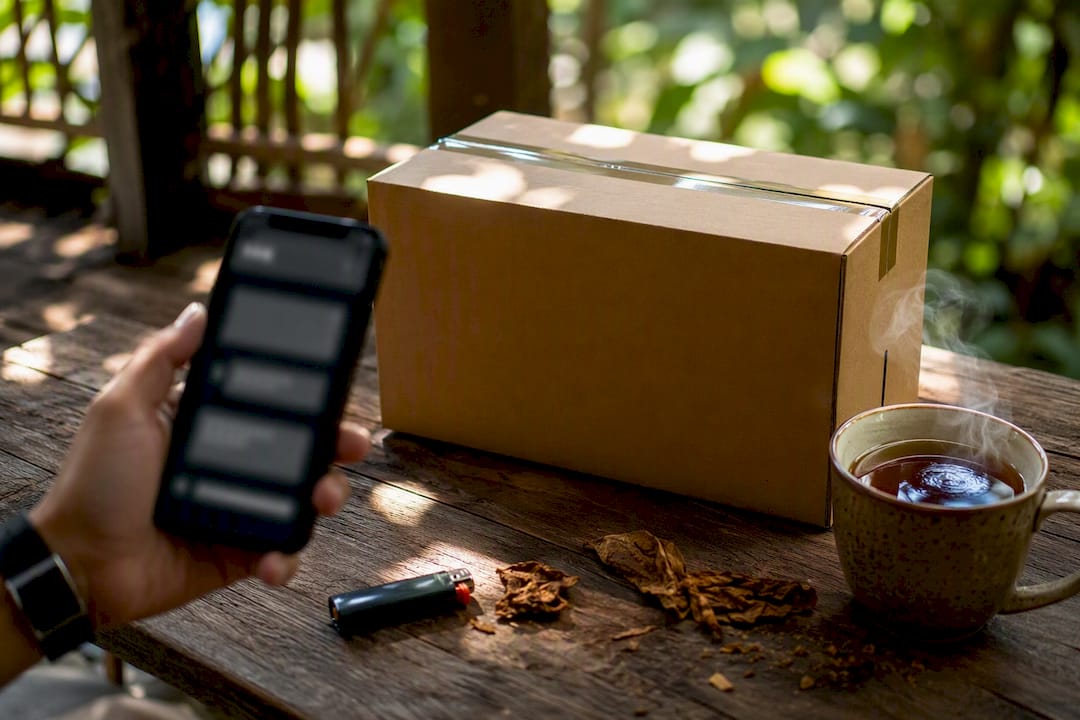 Hand composing address change message with tobacco parcel