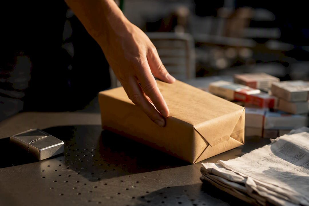 Discreet parcel on wooden counter