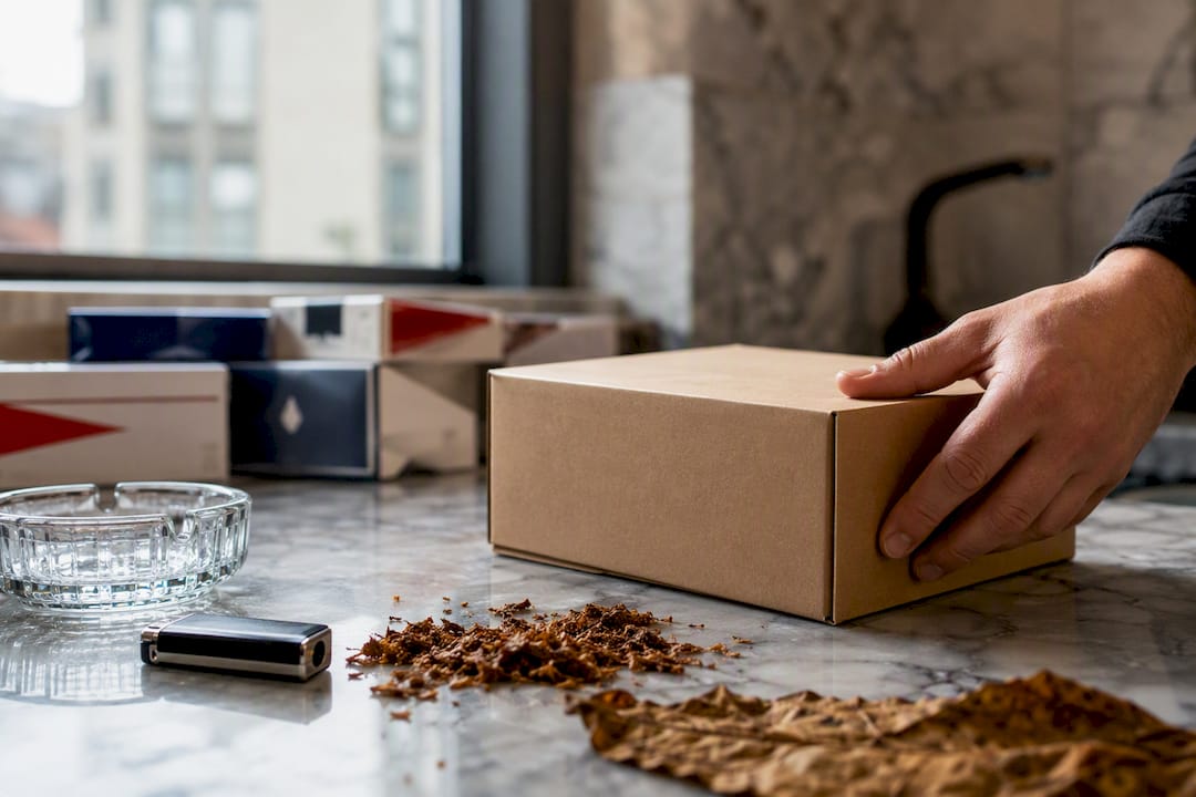 Discreet cigarette carton packaging on table