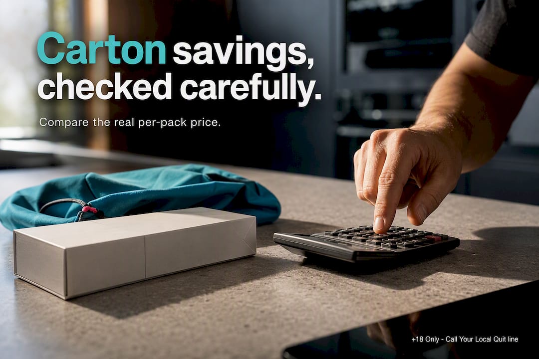 Anonymous cigarette carton beside price calculator