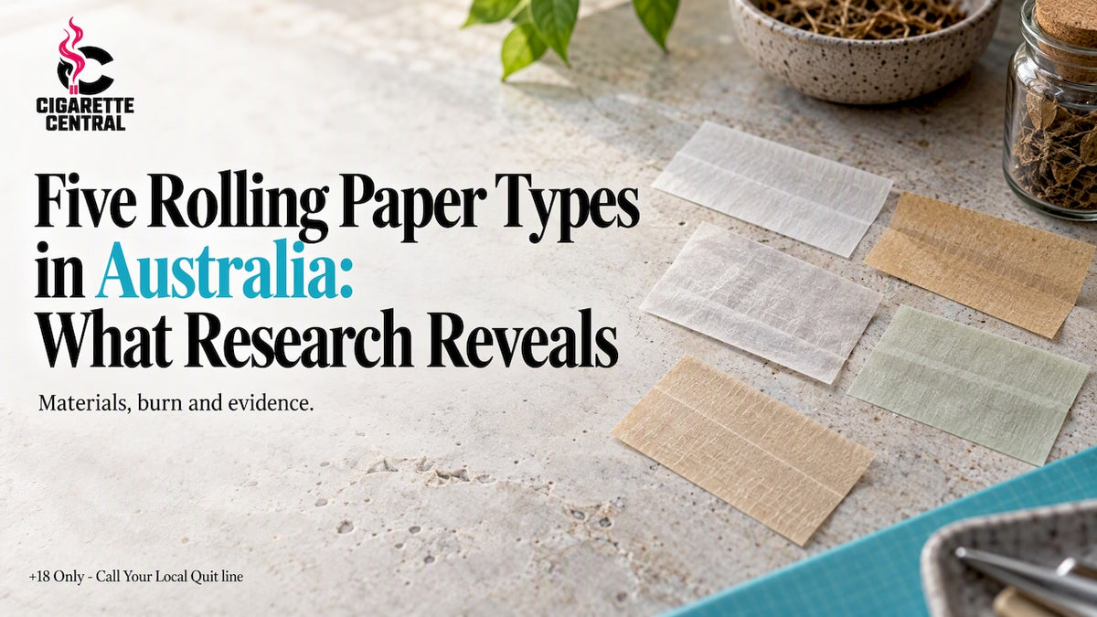 Five unbranded rolling paper samples on stone